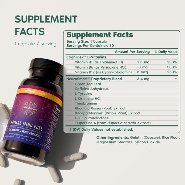 Brain Supplement by Primal Harvest, Primal Mind Fuel Brain Booster for Focus, Energy, Clarity, and Brain Health 30 Capsules Nootropics Brain Support Supplement for Men and Women - Image 2