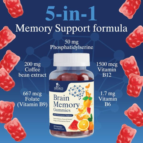 Brain Supplements for Memory, Focus, Concentration - Brain Gummy Vitamin Plus Nootropics, Phosphatidylserine, B6 & B12, Caffeine Free Nootropic, Clarity & Memory Support Supplement - 60 Gummies - Image 6
