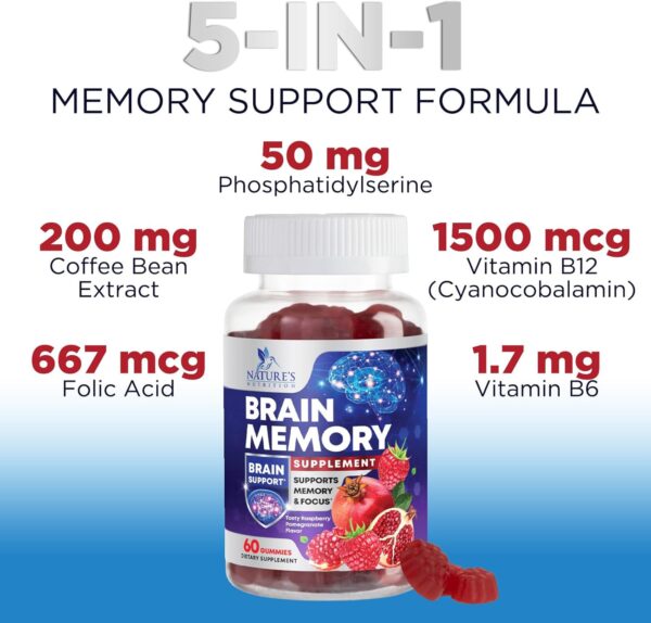 Brain Supplement Gummies for Concentration Memory & Focus Support - Brain Clarity Health with B6 B12, Phosphatidylserine, Coffee Extract, Nootropics Cognitive Vitamins for Adults - 60 Vegan Gummies - Image 6