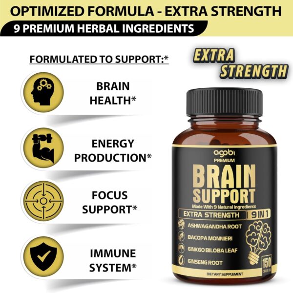 agobi 9in1 Brain Support Supplement - Blended with Ashwagandha, Panax Ginseng, Gotu Kola, Ginkgo Biloba, Black Pepper & More - Accuracy, Focus, Memory & Energy Booster - 150 Capsules for 5 Months - Image 3