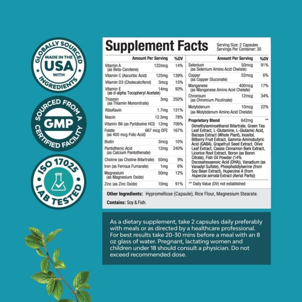 Advanced Nootropics Brain Support Supplement - Synergetic Mental Energy and Focus Supplement with Brain Vitamins for Cognitive Enhancement - Mind and Memory Supplement for Brain Health (30 Servings) - Image 2