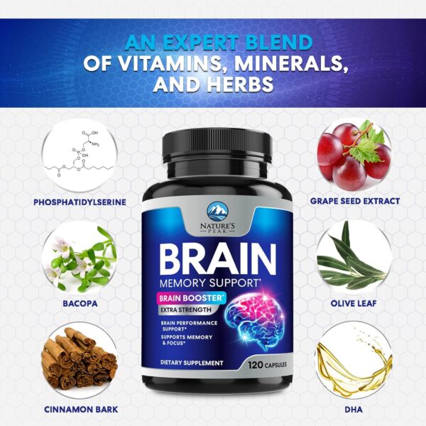 Brain Supplement Memory Pills - Nootropics Support for Concentration, Clarity, Energy & Focus - Brain Health with Bacopa, Cognitive Vitamins, Phosphatidylserine, DMAE - Brain Booster - 120 Capsules - Image 7