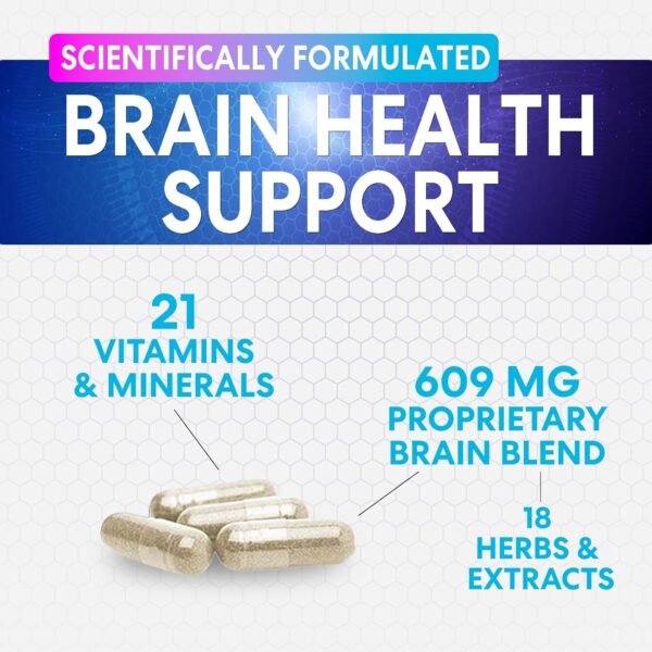 Brain Supplement Memory Pills - Nootropics Support for Concentration, Clarity, Energy & Focus - Brain Health with Bacopa, Cognitive Vitamins, Phosphatidylserine, DMAE - Brain Booster - 120 Capsules - Image 3