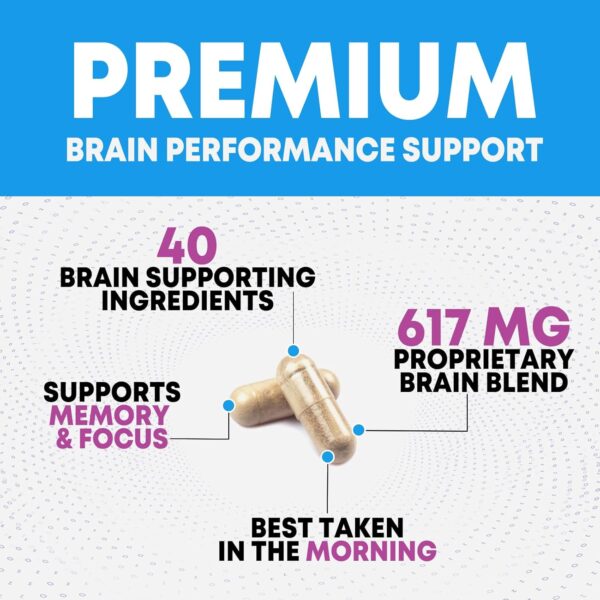 Brain Supplements for Memory and Focus - 40 Nootropics & Vitamins to Support Mental Alertness, Clarity & Concentration, Brain Health Cognitive Memory Pills, B6, B12, Phosphatidylserine - 180 Capsules - Image 3