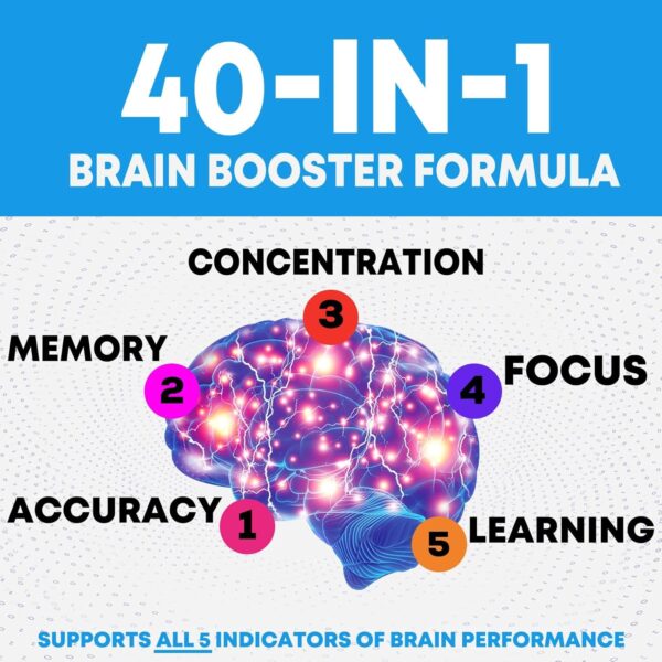 Brain Supplements for Memory and Focus - 40 Nootropics & Vitamins to Support Mental Alertness, Clarity & Concentration, Brain Health Cognitive Memory Pills, B6, B12, Phosphatidylserine - 180 Capsules - Image 7