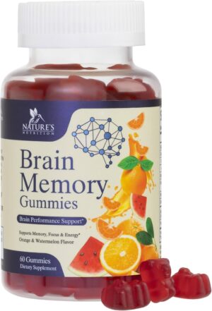 Brain Supplements for Memory, Focus, Concentration - Brain Gummy Vitamin Plus Nootropics, Phosphatidylserine, B6 & B12, Caffeine Free Nootropic, Clarity & Memory Support Supplement - 60 Gummies