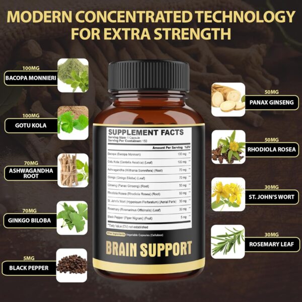 agobi 9in1 Brain Support Supplement - Blended with Ashwagandha, Panax Ginseng, Gotu Kola, Ginkgo Biloba, Black Pepper & More - Accuracy, Focus, Memory & Energy Booster - 150 Capsules for 5 Months - Image 2