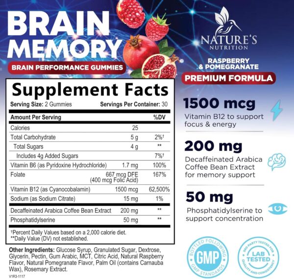 Brain Supplement Gummies for Concentration Memory & Focus Support - Brain Clarity Health with B6 B12, Phosphatidylserine, Coffee Extract, Nootropics Cognitive Vitamins for Adults - 60 Vegan Gummies - Image 2