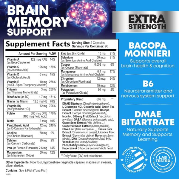 Brain Supplements for Memory and Focus - 40 Nootropics & Vitamins to Support Mental Alertness, Clarity & Concentration, Brain Health Cognitive Memory Pills, B6, B12, Phosphatidylserine - 180 Capsules - Image 2