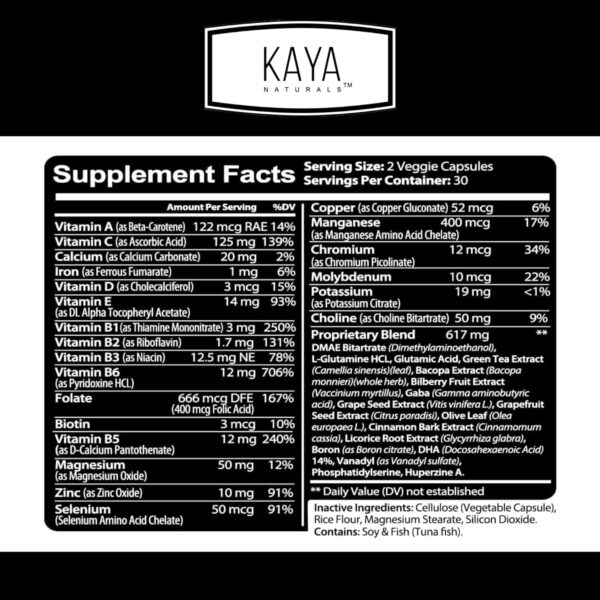 Kaya Naturals - Nootropic Brain Booster - for Memory & Focus - Brain Support Supplement - Focus & Concentration & Learning Accuracy - Cognitive Function - 60 Count - Image 2