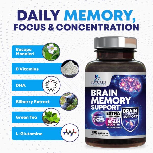Brain Supplements for Memory and Focus - 40 Nootropics & Vitamins to Support Mental Alertness, Clarity & Concentration, Brain Health Cognitive Memory Pills, B6, B12, Phosphatidylserine - 180 Capsules - Image 8