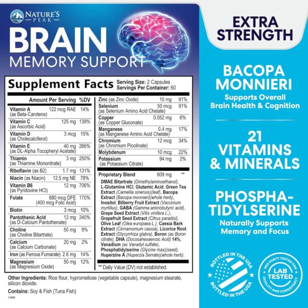 Brain Supplement Memory Pills - Nootropics Support for Concentration, Clarity, Energy & Focus - Brain Health with Bacopa, Cognitive Vitamins, Phosphatidylserine, DMAE - Brain Booster - 120 Capsules - Image 2