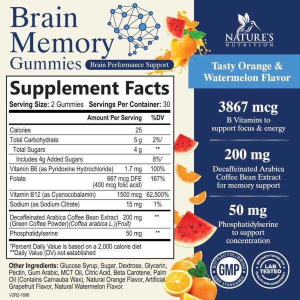 Brain Supplements for Memory, Focus, Concentration - Brain Gummy Vitamin Plus Nootropics, Phosphatidylserine, B6 & B12, Caffeine Free Nootropic, Clarity & Memory Support Supplement - 60 Gummies - Image 2