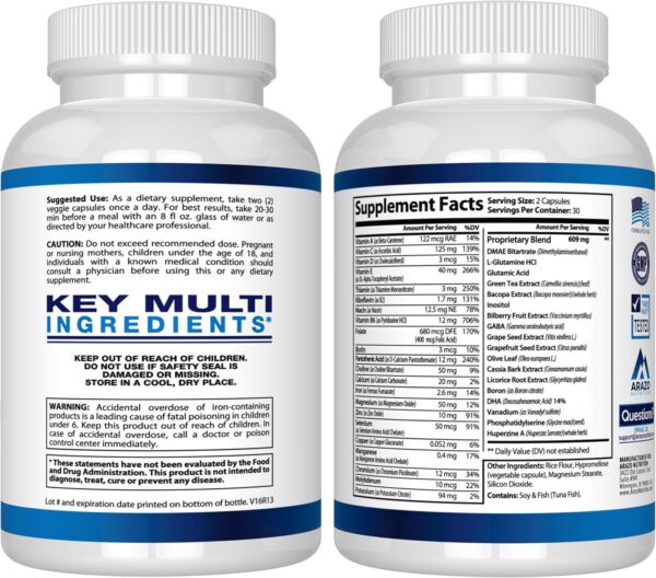 Arazo Nutrition Premium Brain Function Supplement – Memory, Focus, Clarity – Nootropic Booster with DMAE, Bacopa Monnieri, L-Glutamine, Multi Vitamins, Multi Minerals - Image 3
