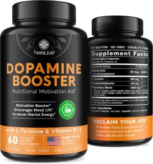 TWINLEAF Dopamine Brain Support Supplement, 1000 mg Blend - Made in USA - with Vitamin B12 and L-Tyrosine - Enhance Mental Well-Being - 60 Capsules
