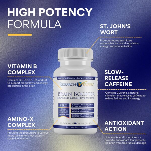 Brain Booster - Nootropic Supplement to Enhance Cognitive Function - 60 Vegan Friendly Capsules - 1 Bottle - Image 2