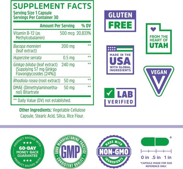 Zhou Neuro-Peak - Brain Supplements for Memory and Focus, Nootropic for Men & Women, Brain Support Pill for Adults, Brain Vitamins - 30 Veggie Capsules (Pack of 1) - Image 2